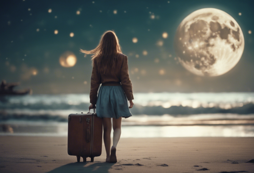 Kobieta z walizką idzie plażą przy księżycu.