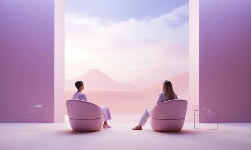 Dwie osoby patrzą na góry w minimalistycznym pomieszczeniu.