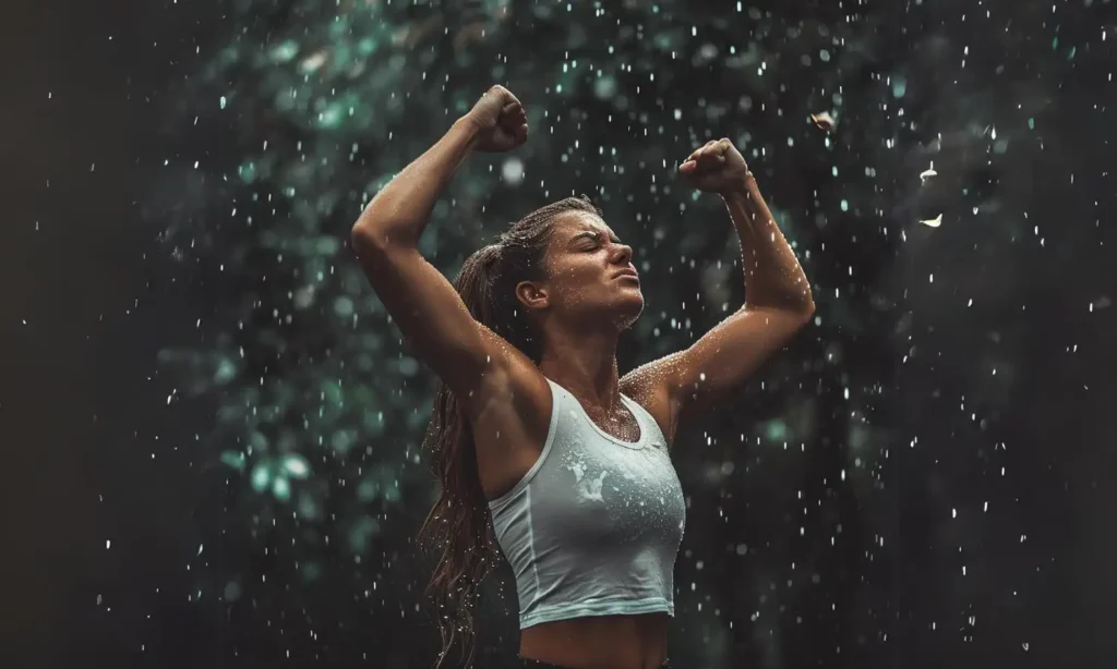 Kobieta celebrowanie sukcesu na deszczu.