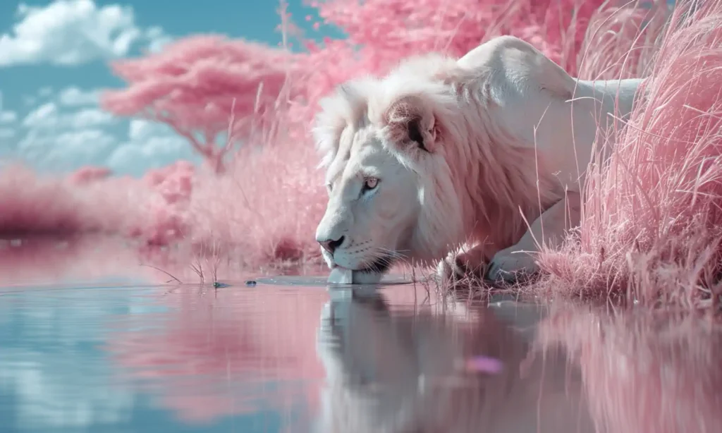 Biały lew przy wodzie, różowe drzewa, surrealistyczny krajobraz.