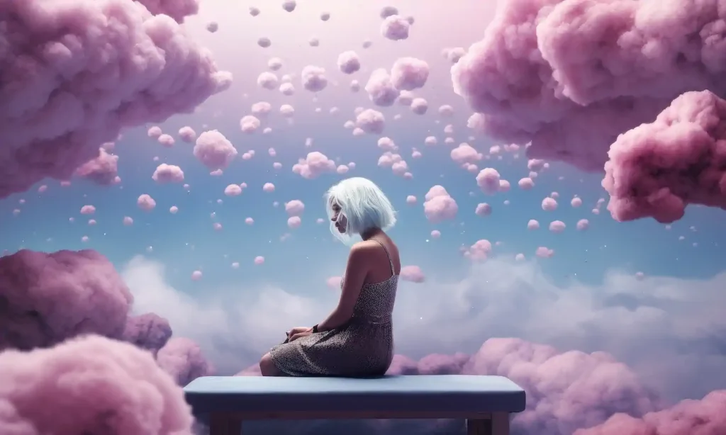 Kobieta siedząca na ławce między różowymi chmurami.