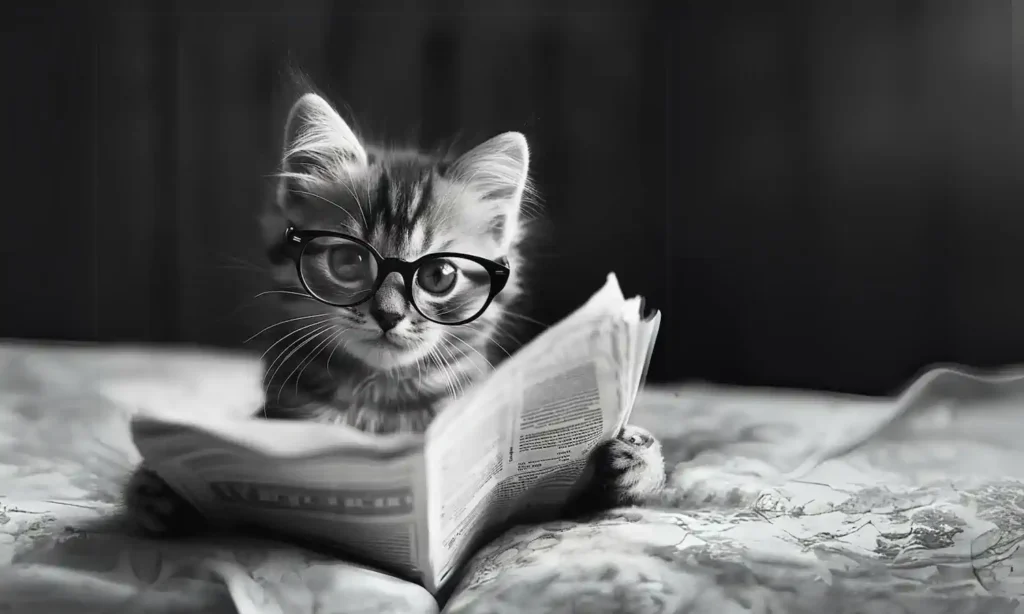 Kociątko w okularach czyta książkę.