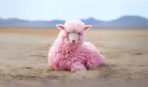 Różowa owca siedzi na pustynnym tle.