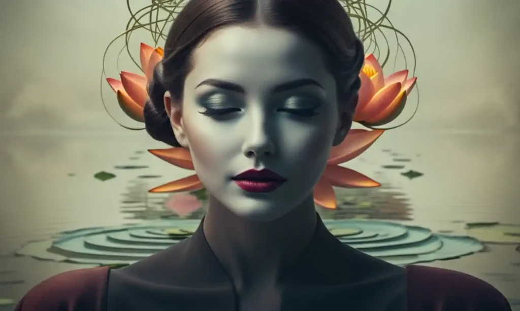 Kobieta z kwiatem lotosu w surrealistycznym portrecie.