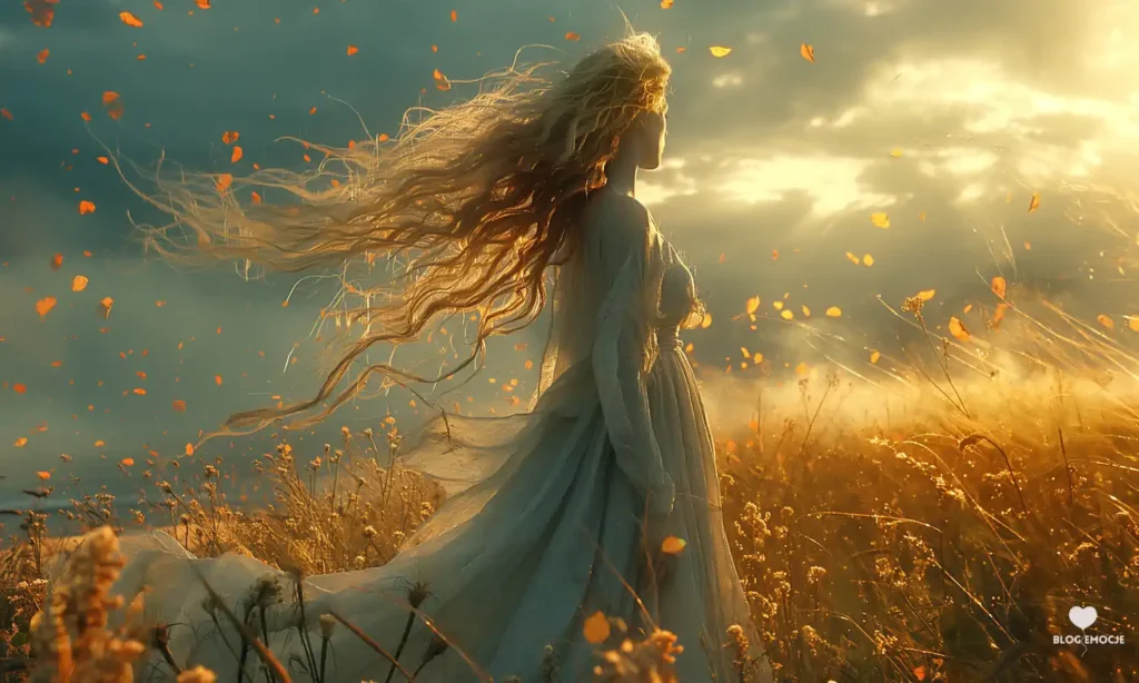 Kobieta w polu, zachód słońca, wirujące liście.