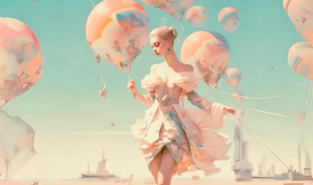 Kobieta z balonami w surrealistycznym mieście.