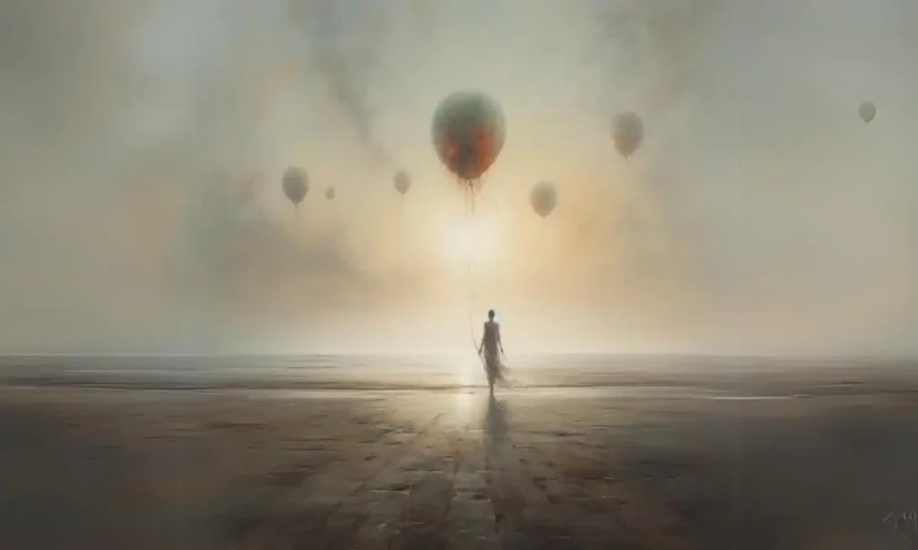 Osoba i balony na mglistym wschodzie słońca.