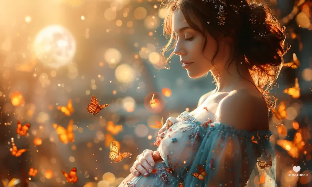 Kobieta i motyle w złotym świetle.