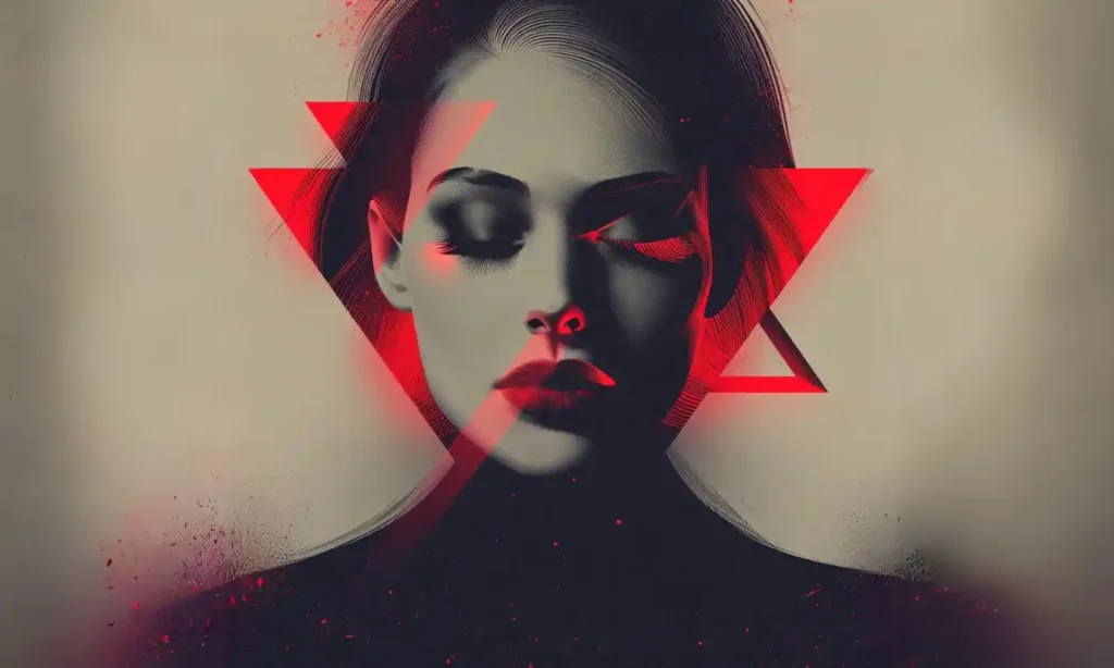 Kobieta z czerwonymi neonowymi trójkątami wokół twarzy.