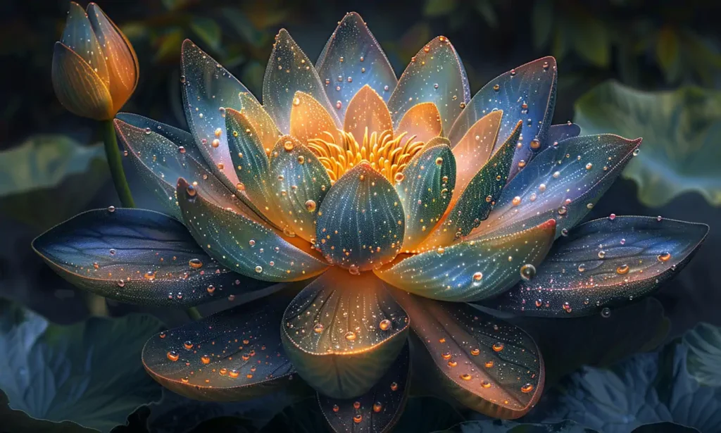 Kwitnący kwiat lotosu z kroplami wody.
