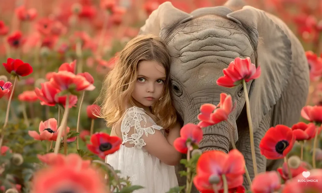 Dziewczynka i słoń wśród czerwonych maków.