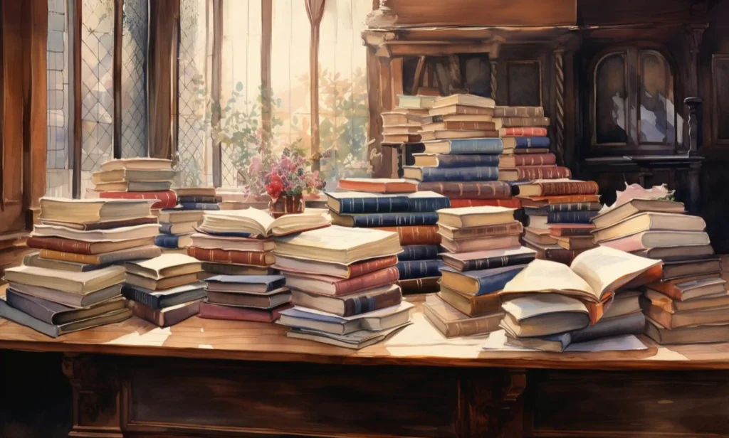 Stosy książek na drewnianym stole przy oknie.
