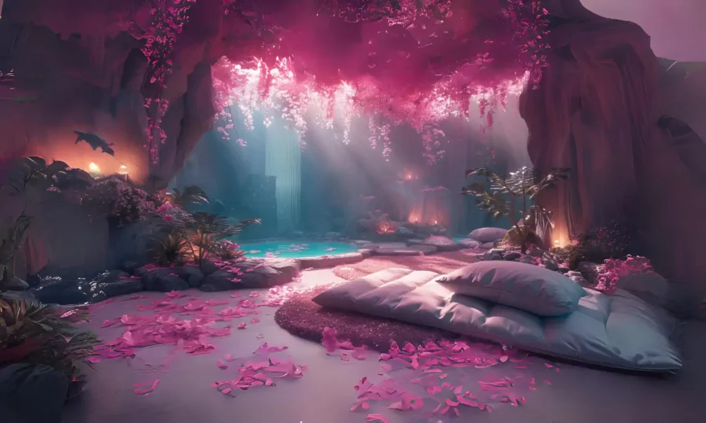 Fantazyjna jaskinia z magicznym oświetleniem i różowymi liśćmi.