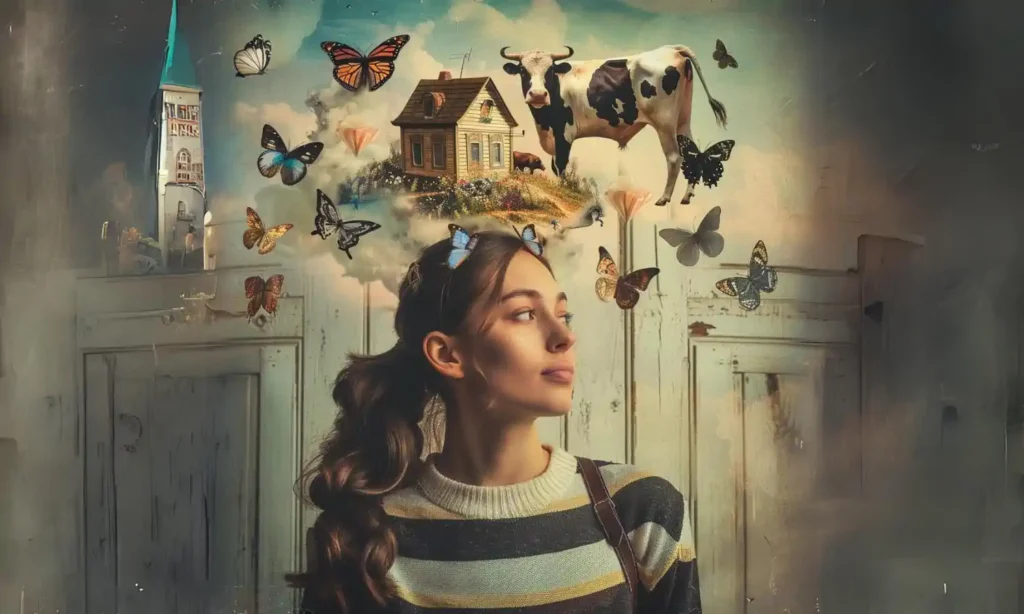 Kobieta, surrealistyczny świat z motylami i pływającą krową.