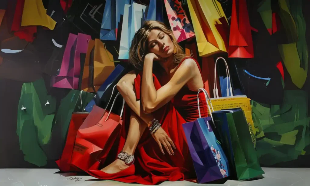 Obraz kobiety śpiącej wśród kolorowych toreb zakupowych.