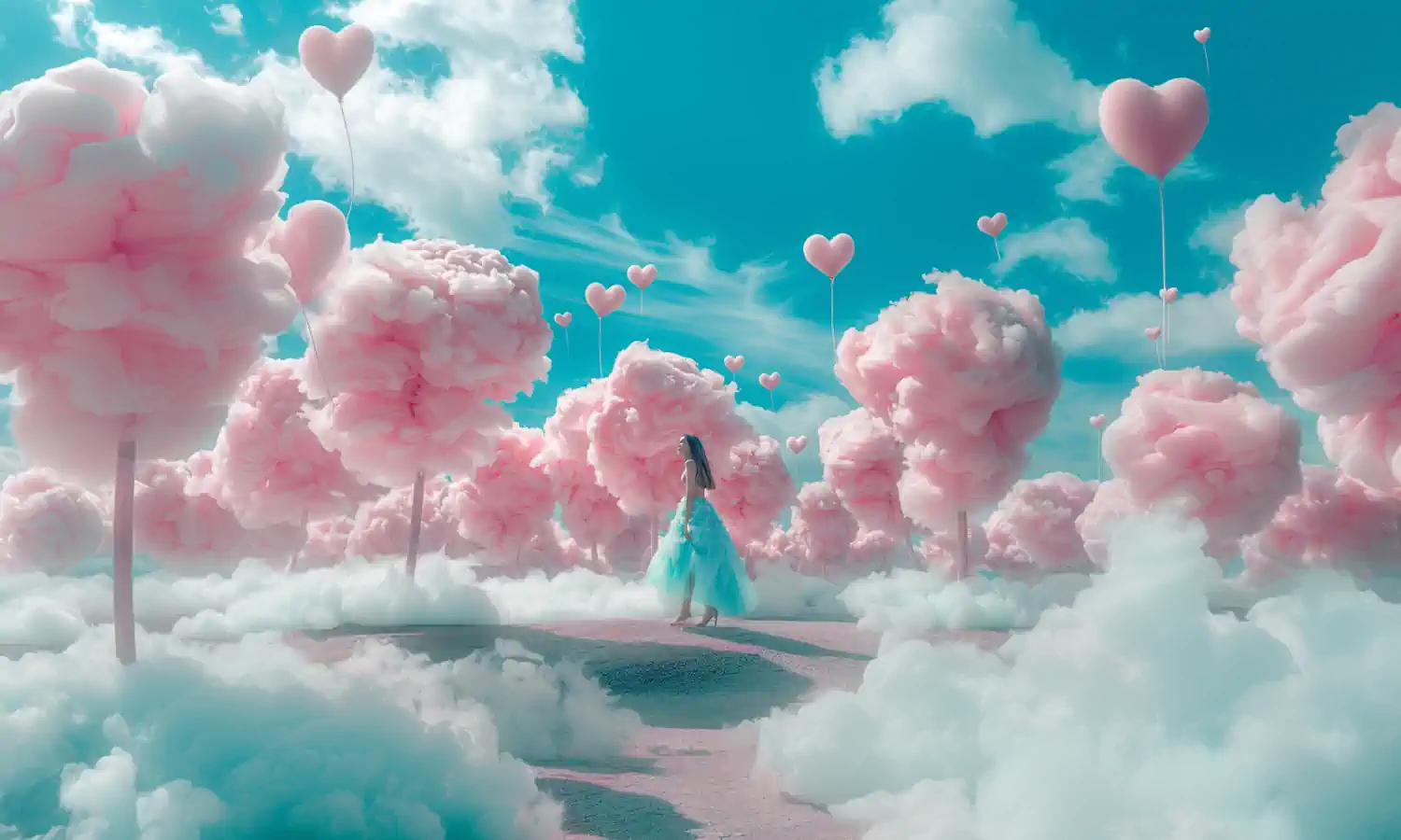 Surrealistyczny krajobraz z różowymi chmurami i balonami.