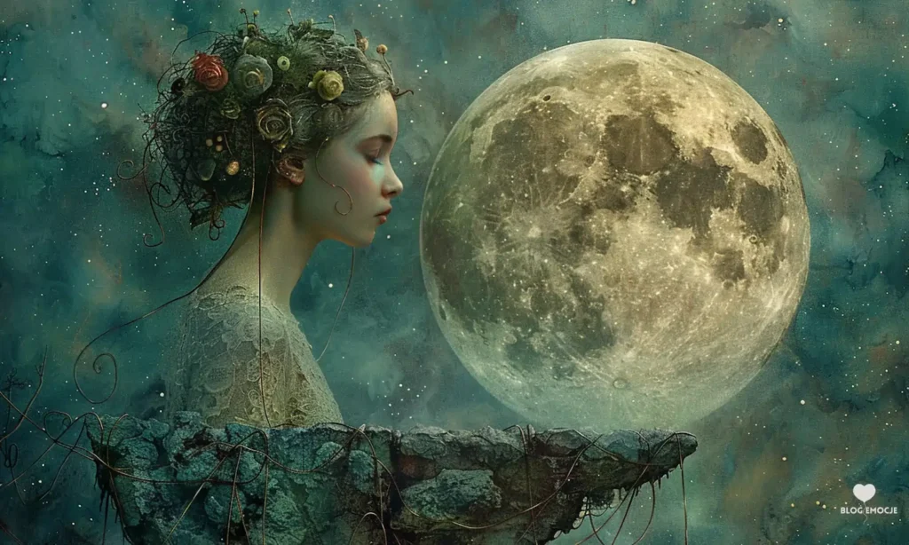 Kobieta z kwiatami i księżyc w tle.