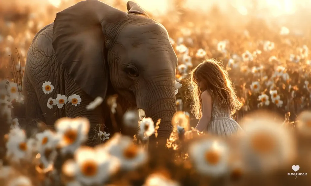 Dziewczynka i słoń wśród kwiatów o zachodzie słońca.