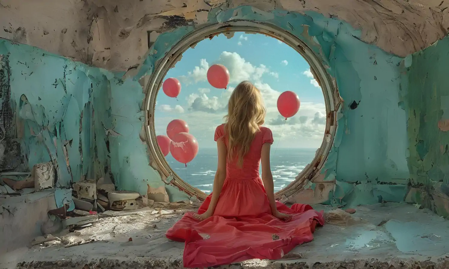 Kobieta w czerwonej sukni obserwuje balony przez okrągłe okno.