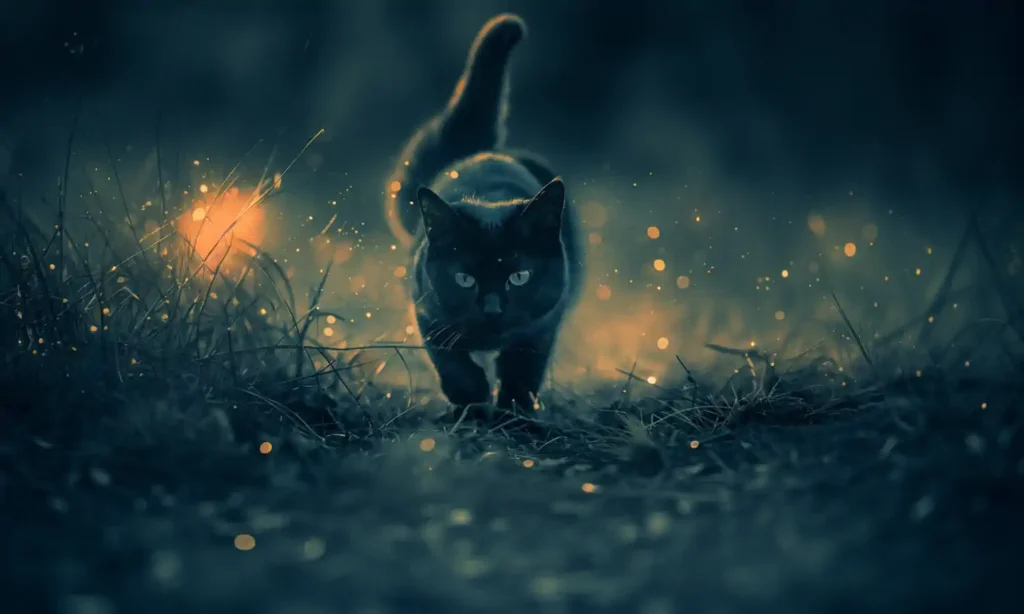 Czarny kot w nocy, świetliste iskierki.