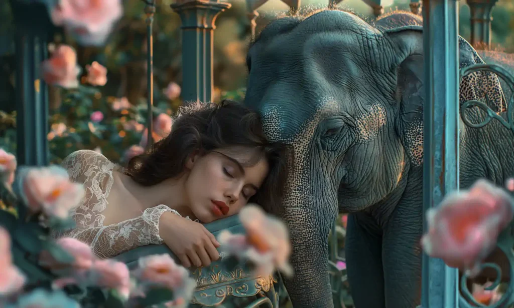 Kobieta odpoczywa obok słonia w ogrodzie.