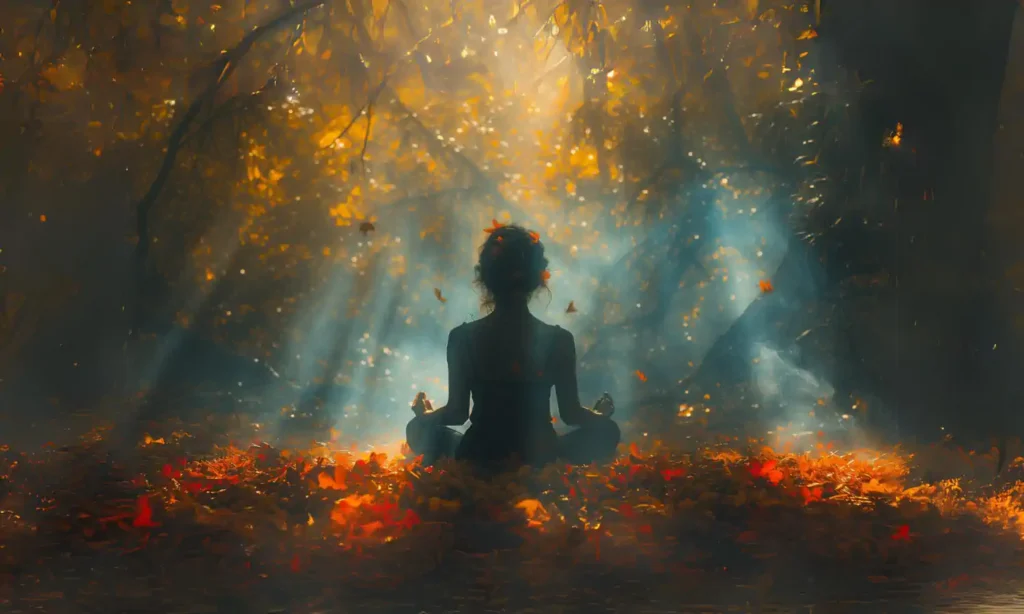 Osoba medytująca w lesie jesienią.