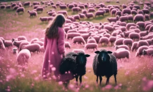 Dziewczyna wśród różowych owiec na polu.