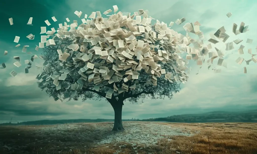 Drzewo z liśćmi z książek na polu.