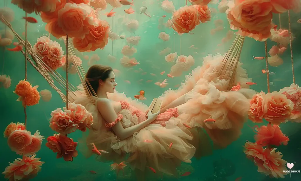 Kobieta na huśtawce kwiatowej pod wodą, czyta książkę.