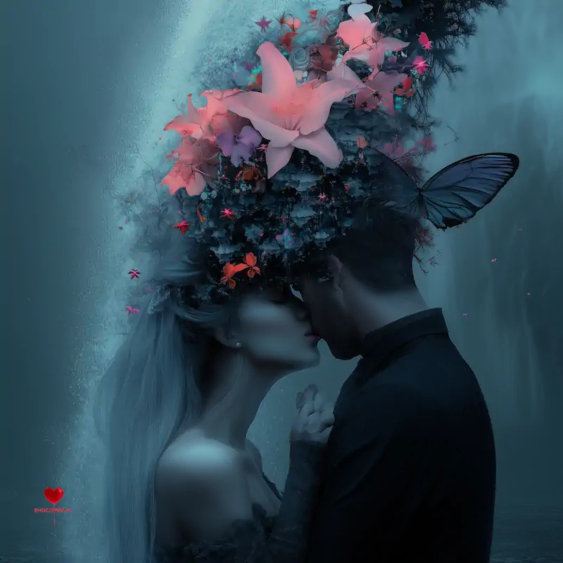 Para całująca się z kwiatami na tle wodospadu.