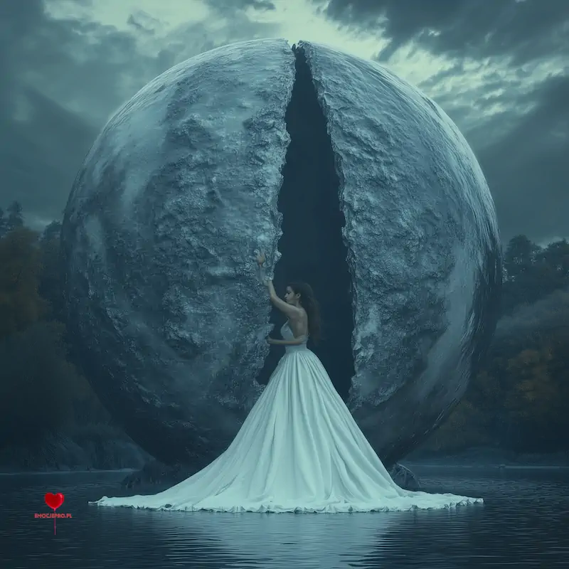 Kobieta w sukni przed ogromną, pękniętą kulą.