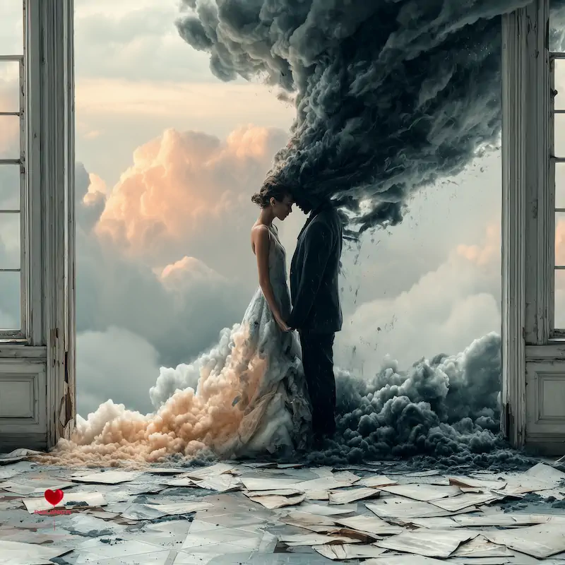 Para z chmurami nad głowami w opuszczonym wnętrzu.