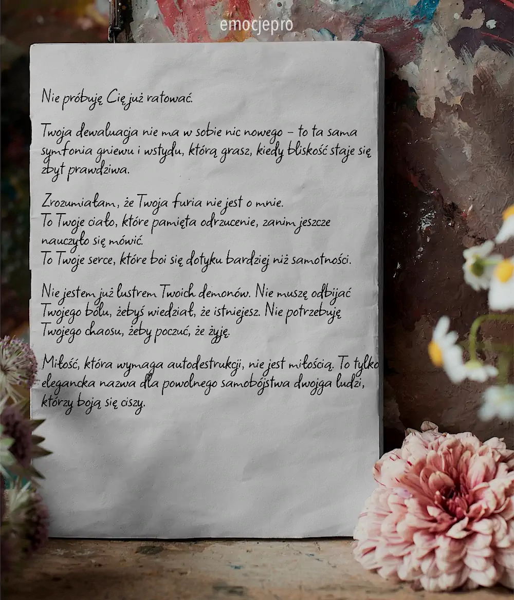 Kartka z refleksyjnym, emocjonalnym tekstem na tle kwiatów.