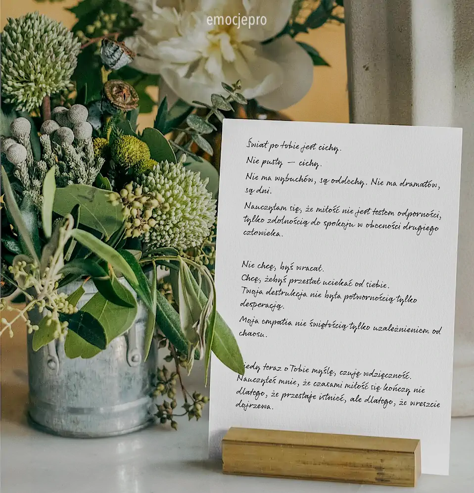 Kartka z tekstem obok bukietu kwiatów na stole.