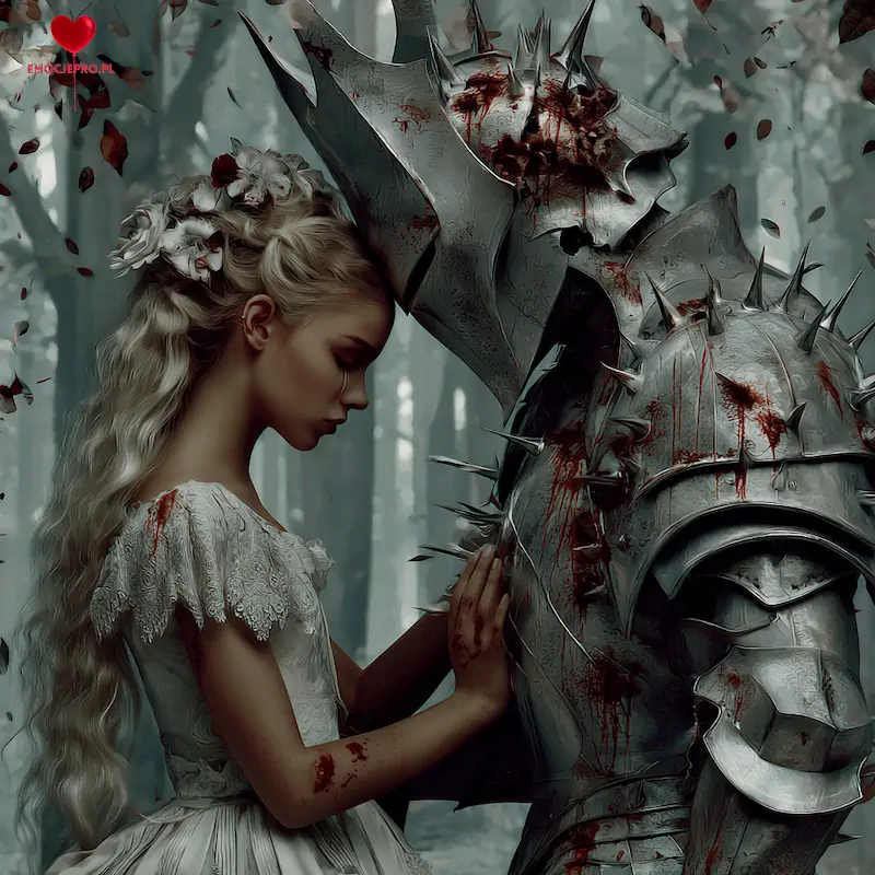 mężczyzna w zbroi rycerskiej i kobieta zraniona trzyma dłoń na Jego ramieniu