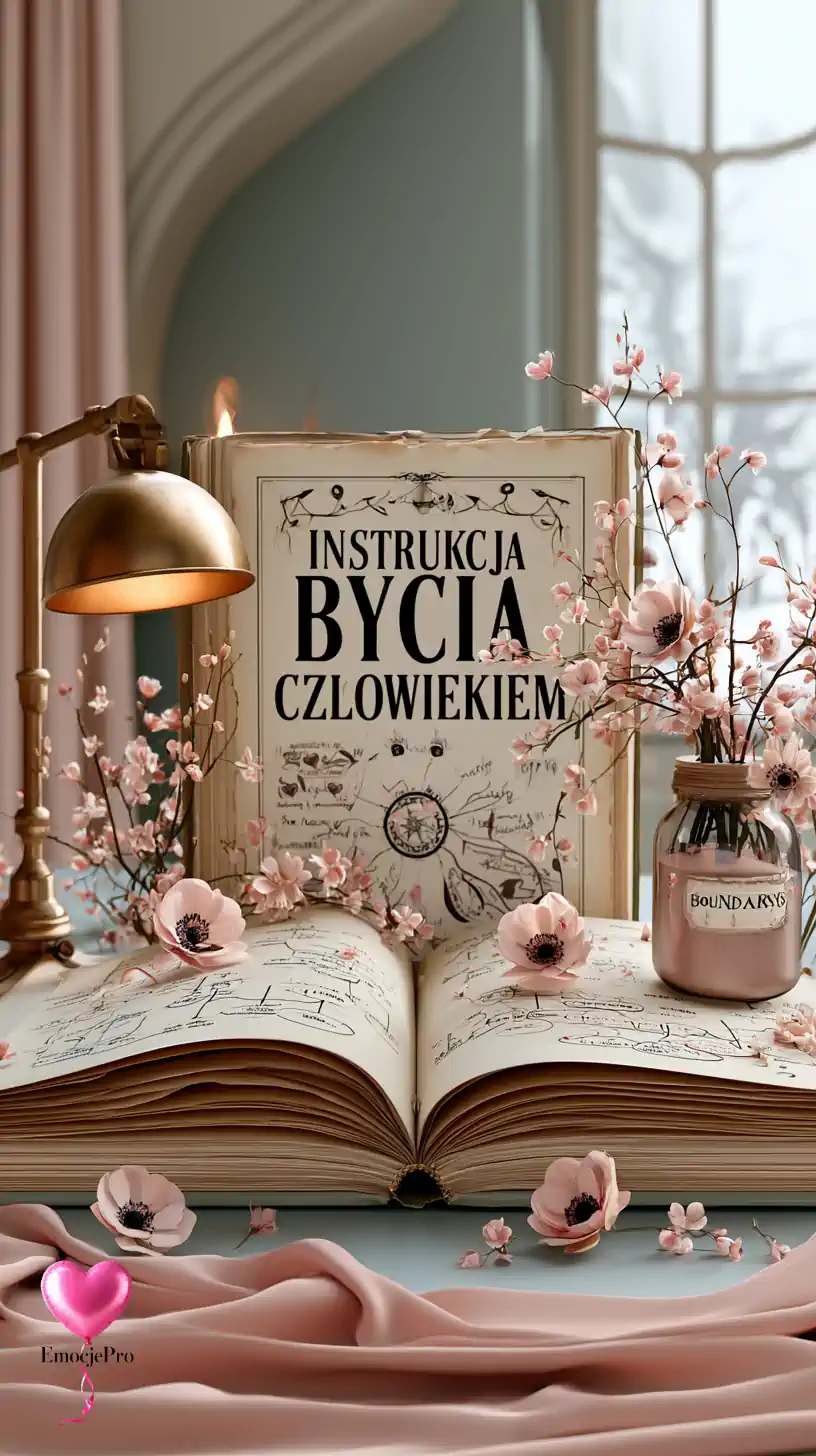 Książka 'Instrukcja Bycia Człowiekiem', kwiaty, lampa na stole.
