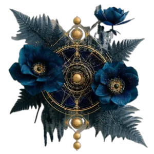 Niebieskie kwiaty, złote symbole astrologiczne, ciemne liście paproci, mistyczna grafika.