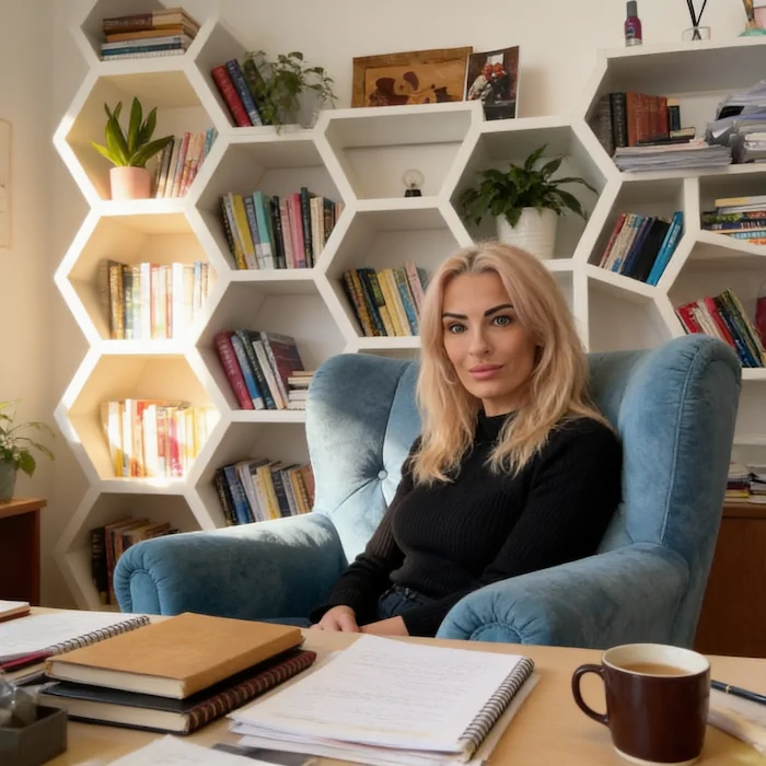 Vivian Fiszer przy stoliku z książkami i kubkiem herbaty