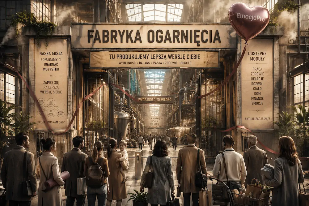 Ludzie wchodzą do 'Fabryki Ogarnięcia' na rozwój osobisty.