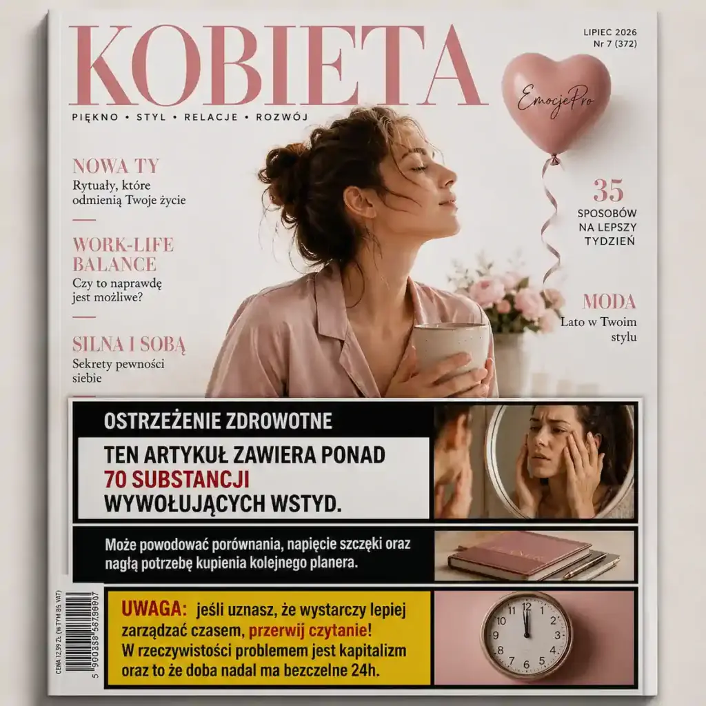 Okładka fikcyjnego kobiecego magazynu „Kobieta” z lipca 2026 roku, utrzymana w pastelowej, eleganckiej estetyce. Na okładce widać spokojną kobietę z kubkiem, obietnice idealnej rutyny, balansu i lepszego tygodnia oraz mały brudnoróżowy balonik-serce z napisem EmocjePro. Dolną połowę okładki zajmuje duże ostrzeżenie zdrowotne stylizowane na ostrzeżenie z paczki papierosów: artykuł zawiera ponad 70 substancji wywołujących wstyd, może powodować porównania, napięcie szczęki i potrzebę kupienia kolejnego planera, a problemem nie jest tylko zarządzanie czasem, lecz kapitalizm i 24-godzinna doba.