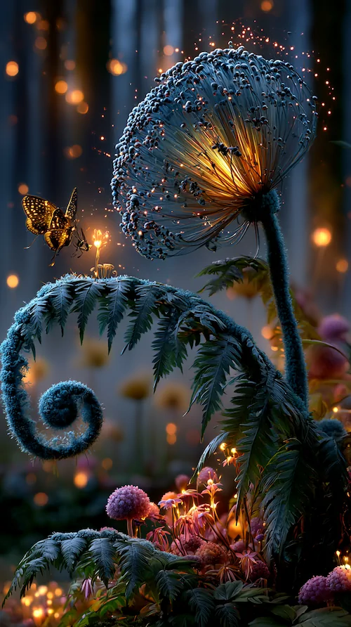 Magiczny las, świecący kwiat, motyl, blask, baśniowa atmosfera.