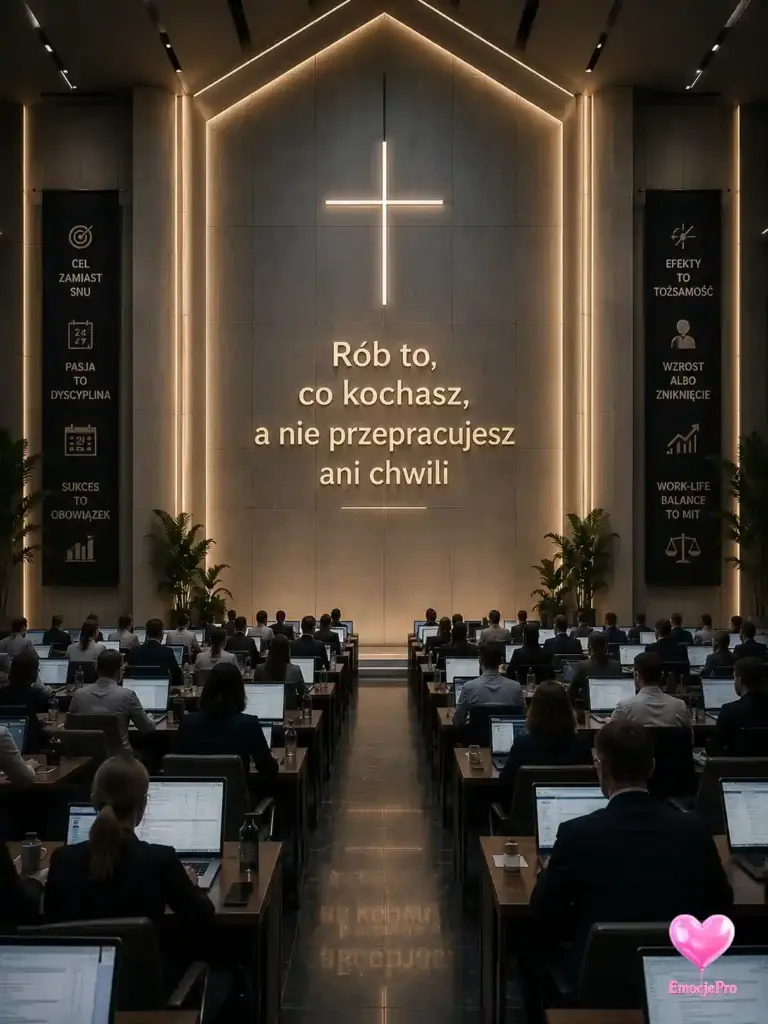 Sala konferencyjna z mottem, krzyżem i pracującymi ludźmi.